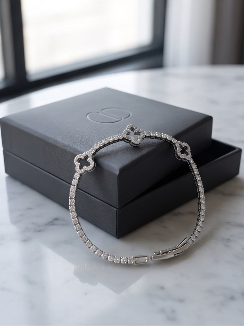 Silver Plated Four-Leaf Flower Tennis Bracelet | 6.5" - 7" Adjustable